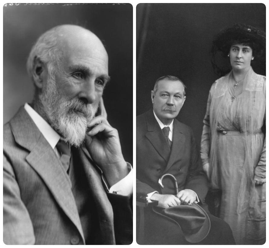 A sinistra un'immagine di William F. Barrett. A destra Arthur Conan Doyle con la moglie Jean E. Leckie