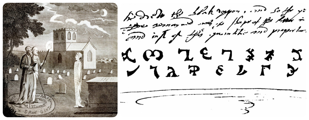 A sinistra, un'incisione di inizio XIX secolo in Gran Bretagna con raffigurati John Dee ed Edward Kelly mentre invocao una donna morta. A destra, un esempio di scrittura enochiana.