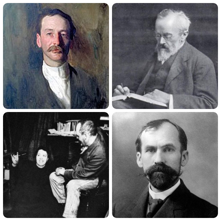 Quattro immagini: a sinistra in alto, Morton Henry Prince e in basso Hélène Smith con Théodore Flournoy. In alto a destra, Charles Arthur Mercier. In basso, un primo piano di T. Flournoy.