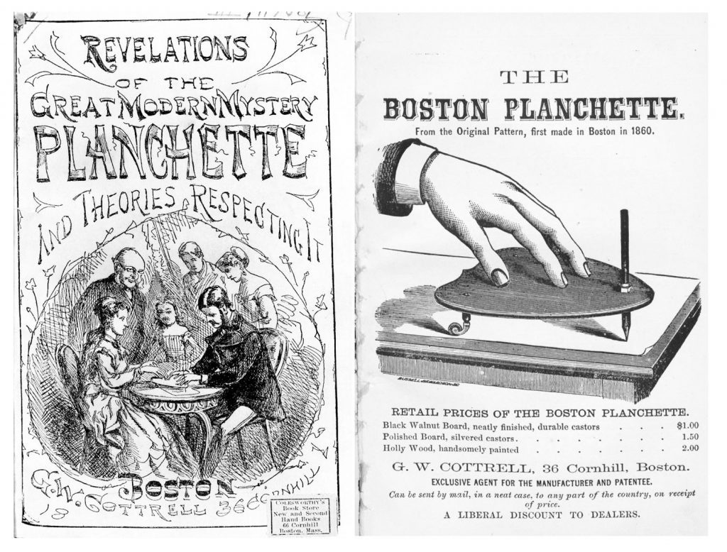 A sinistra, la copertina di Revelations of the Great Modern Mystery Planchette and Theories Respecting di Boston. A destra, il volantino con i prezzi di The Boston Planchette