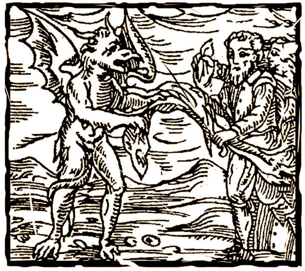 Un'incisione su legno del XVII secolo che mostra un uomo che stringe un patto col diavolo
