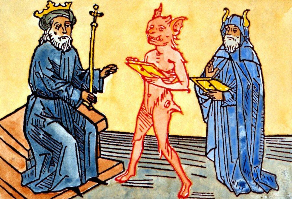 Il demone Belial presenta al re Salomone il suo omonimo Grimorio, che elenca tutti i demoni. Dietro il demone c'è Mosè. Dall'edizione del 1473 di Jacobus de Teramo, Das Buch Belial